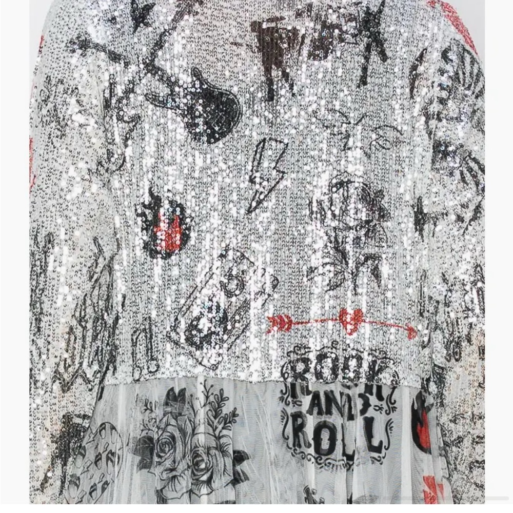 Origami brand silver sequin Long Sheer Cardigan tulle NWT rock ‘n’ roll print - Picture 2 of 4
